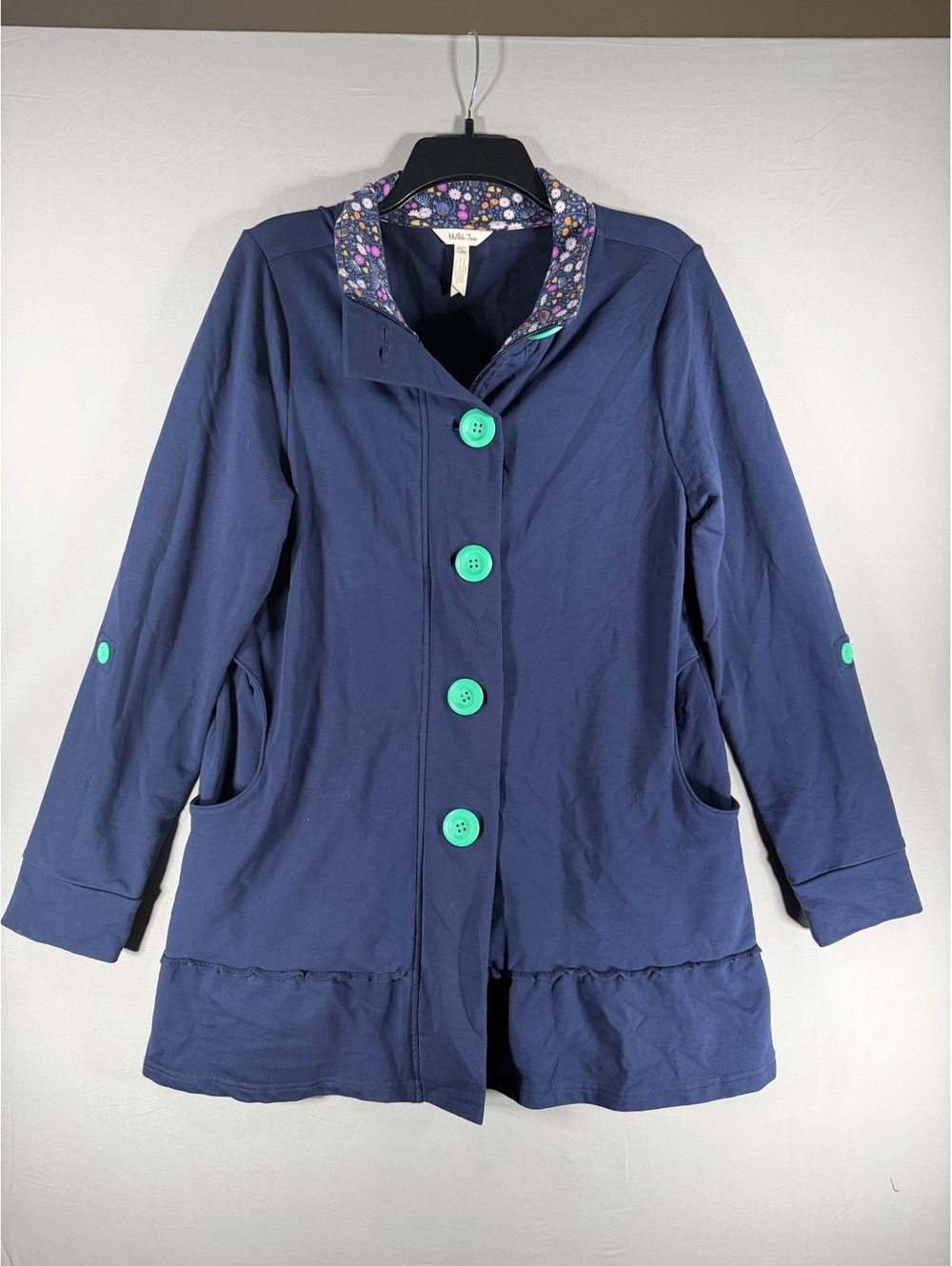 Matilda Jane Navy Blue Jacket with Floral Collar and Green Buttons Size 2/6